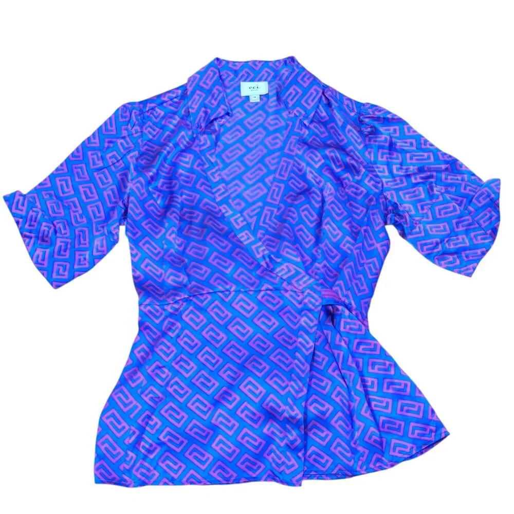 VTG ECI New York 100% Silk Blouse Asymmetric Wrap Geometric Purple Blue Size 14 - Picture 2 of 8